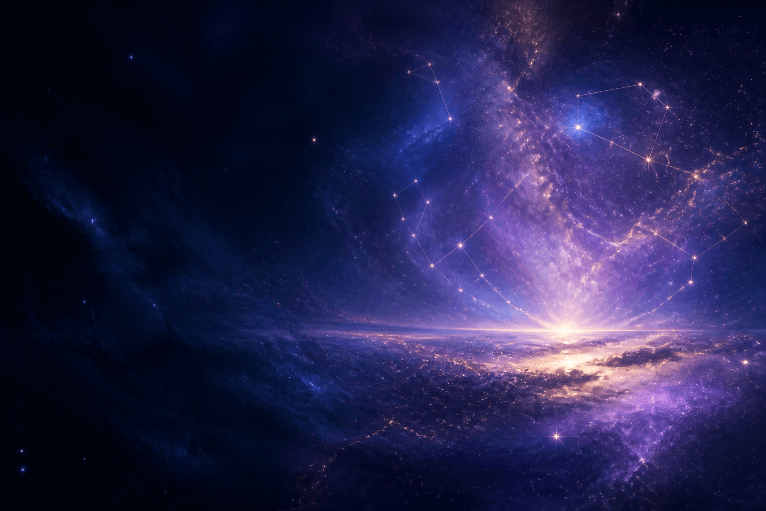 Galaxia violeta atravesada por constelaciones luminosas